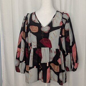 Entro V-Neck Puffy 3/4 Sleeves Peplum Top, Size S